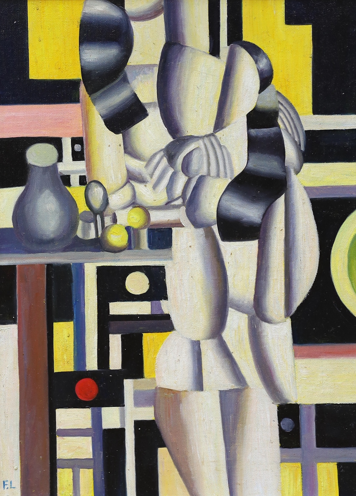 After Fernand Leger (French, 1881-1955) oil on board, Surreal figures and geometric shapes, 39 x 29cm